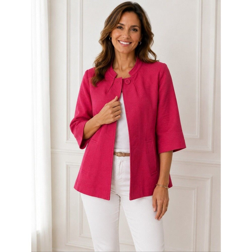 Talbots Pink Textured Cotton Jacket Size 14 3/4 Sleeve Barbiecore Career Chic